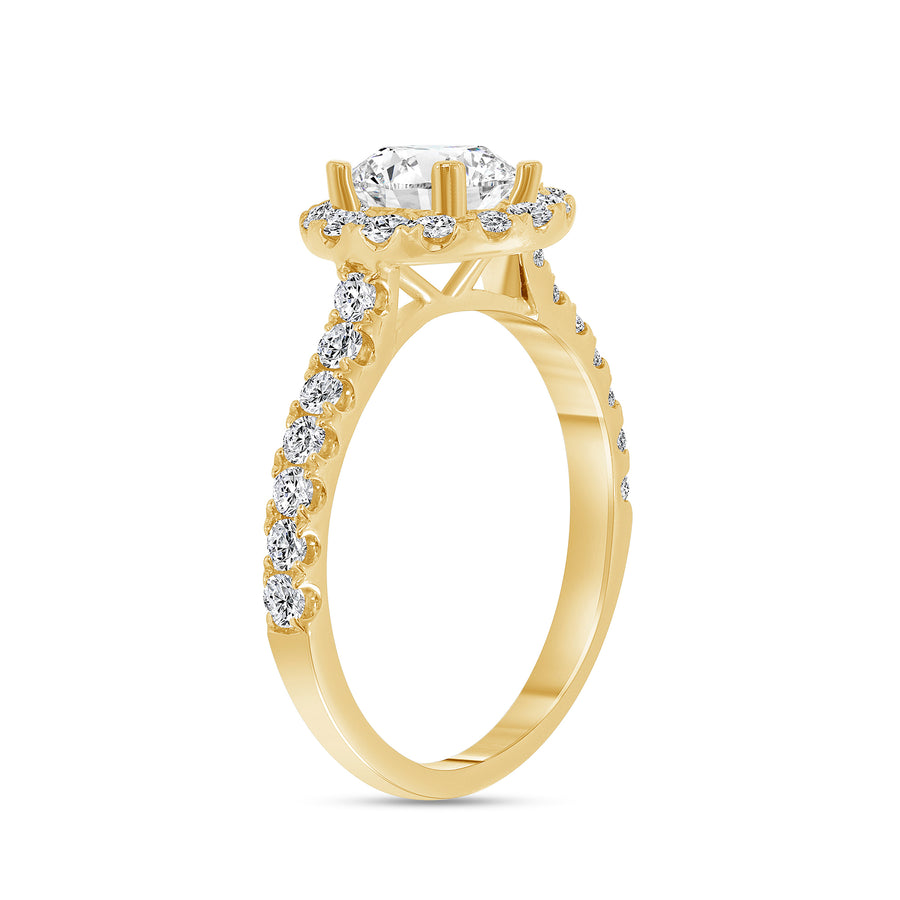 small halo round diamond stackable engagement ring yellow gold