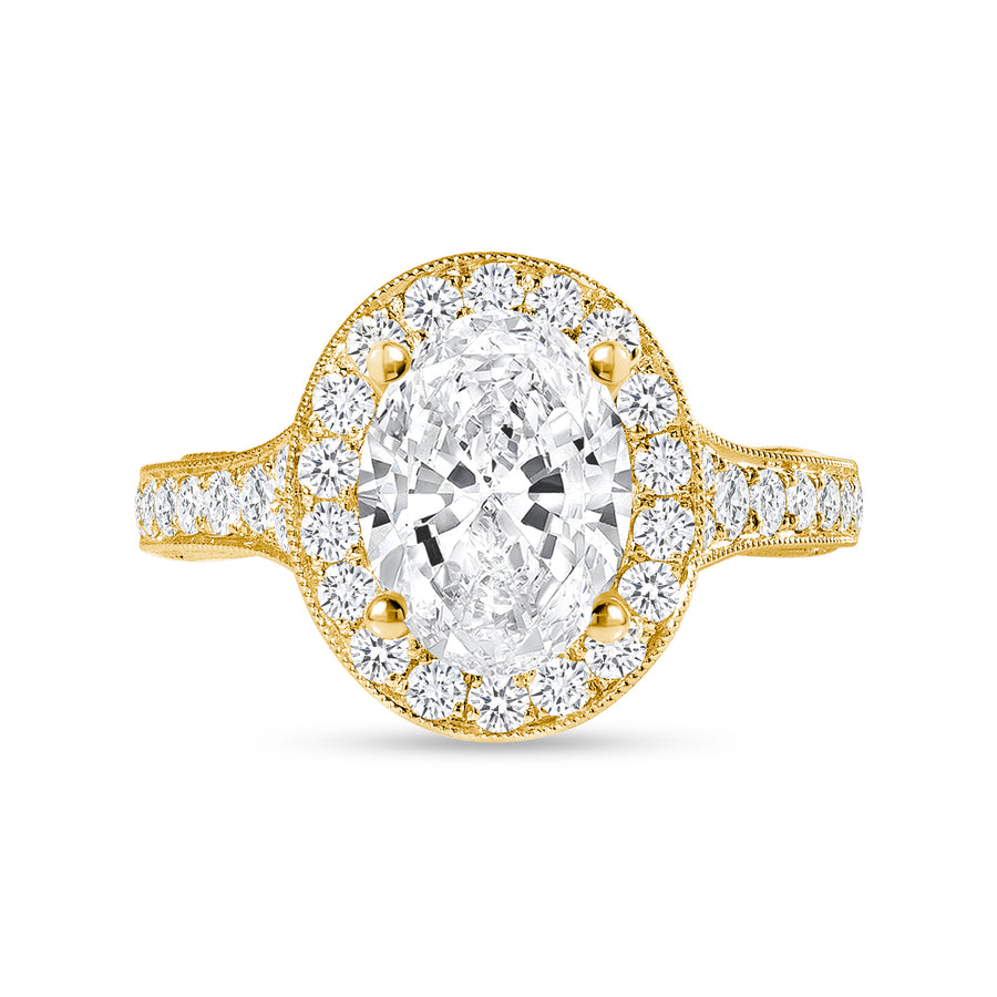 oval diamond halo milgrain engagement ring yellow gold